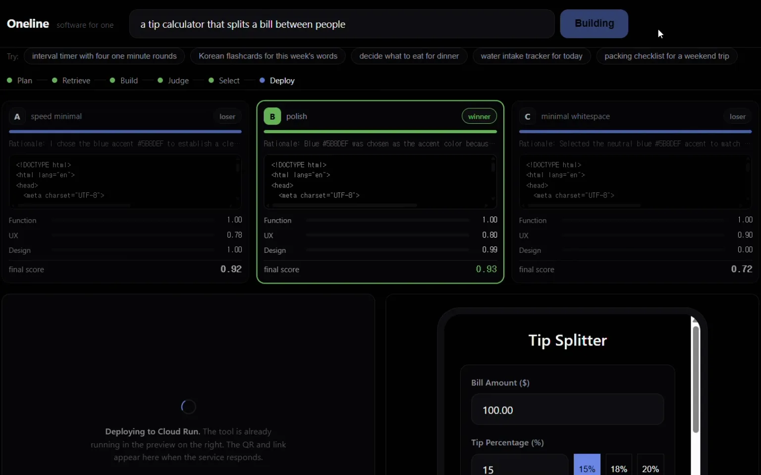 Oneline after judging: each candidate's function, UX and design scores and its final score, the winner marked, and its preview below.