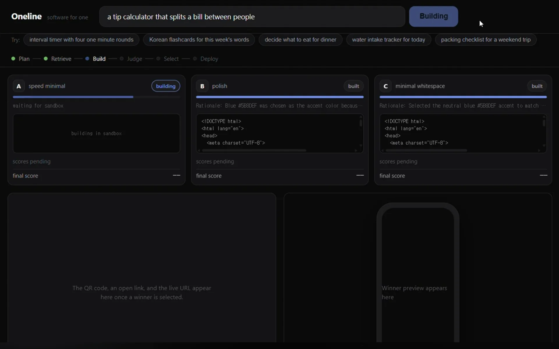 The Oneline dashboard: a one-line request at the top, and three candidates under it, one still building and two built.